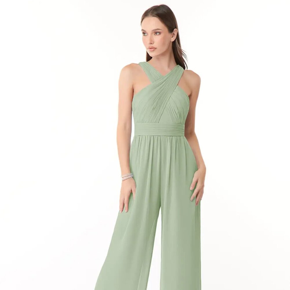 NWT Azazie Berdie Dusty Sage Halter Chiffon Jumpsuit – Retail $129